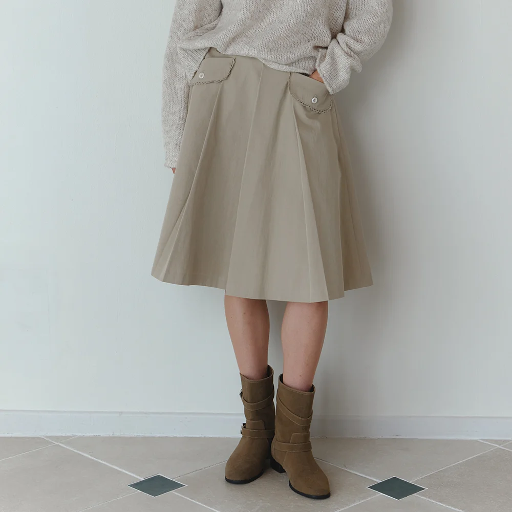 Lace point pleats midi skirt_beige