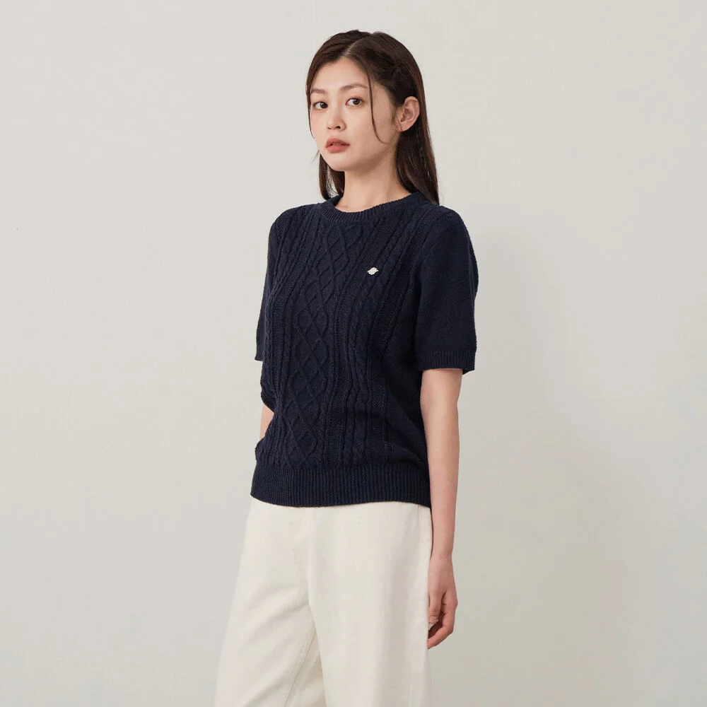女裝 絞花 圓領 半 針織衫 Navy