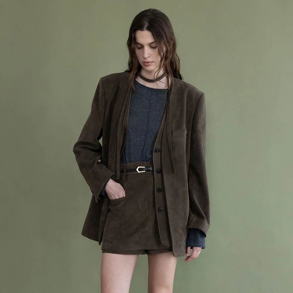 Faux Suede Collarless Layered Jacket SL5XJ938-B8
