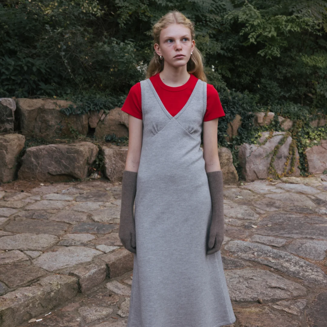 Scallop rib jersey dress (light gray / black / melange gray)