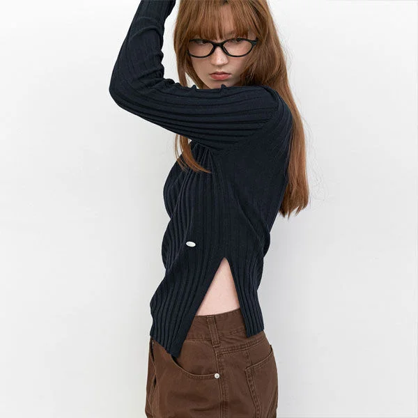 SLIT DETAIL SHEER RIBBED SLIM KNIT (T-7182)