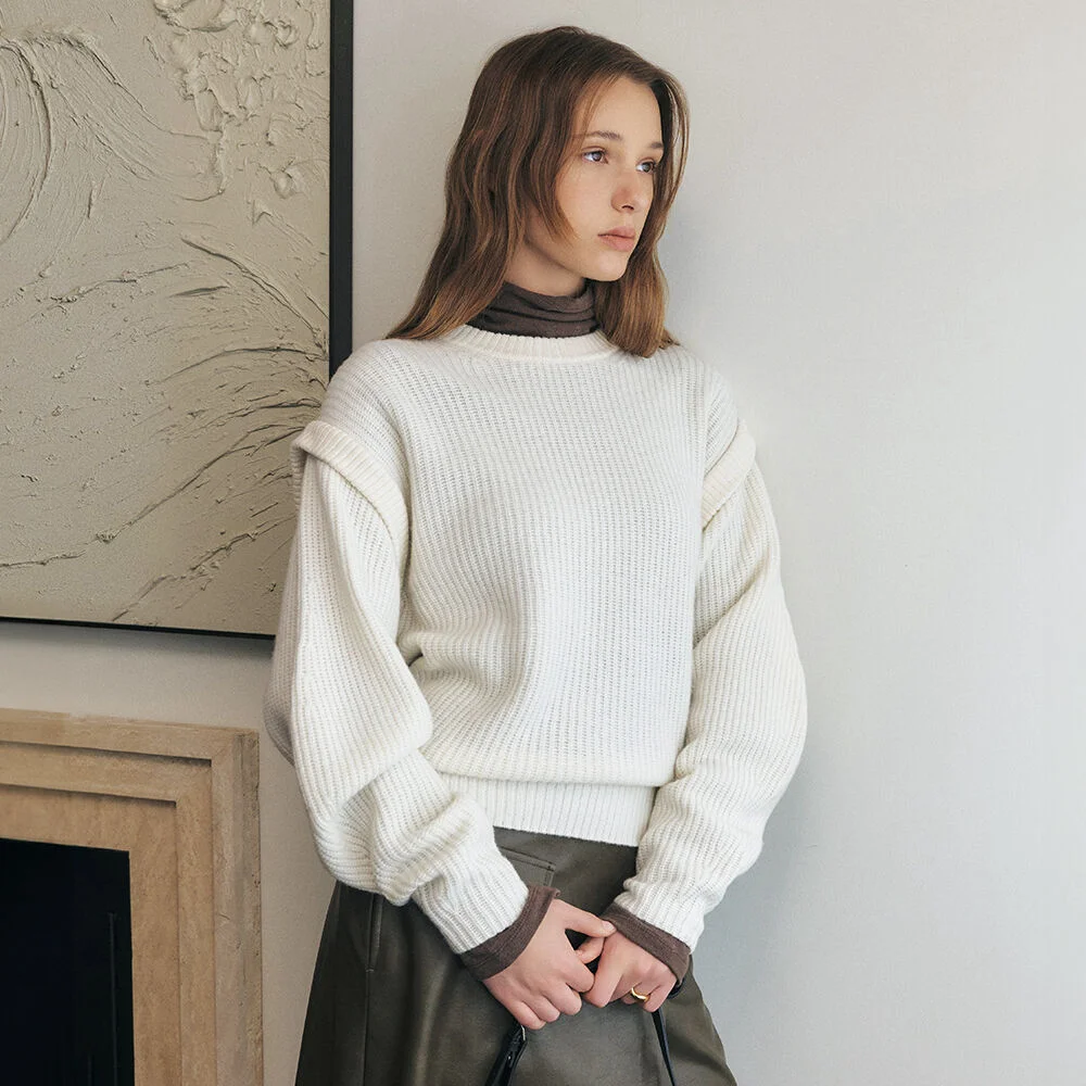 美麗諾羊毛 衣袖 點綴 針織衫_IVORY