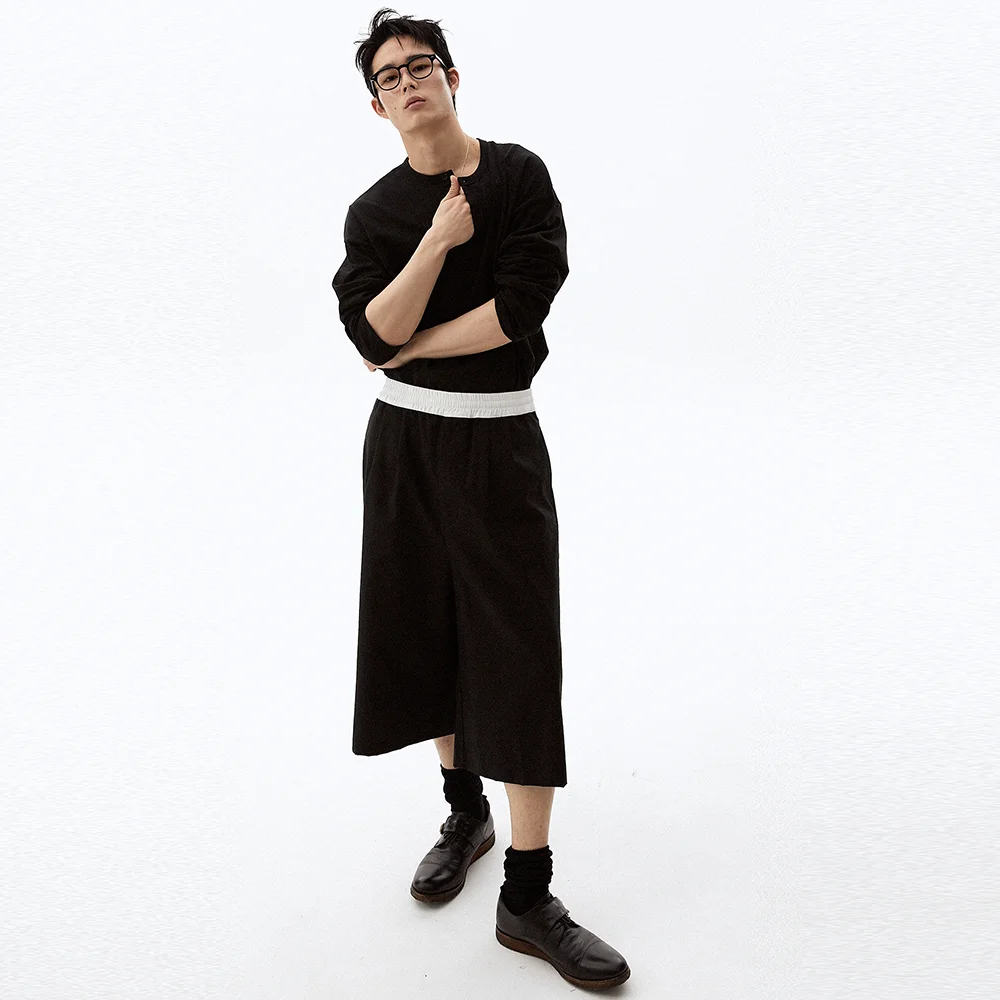 UNISEX Color Block Waistband Wide Capri Pants Black