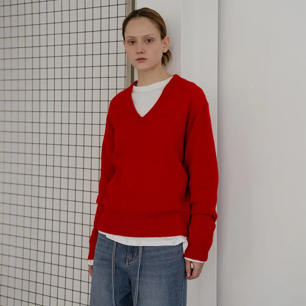 Loose fit V-neck knit _Red