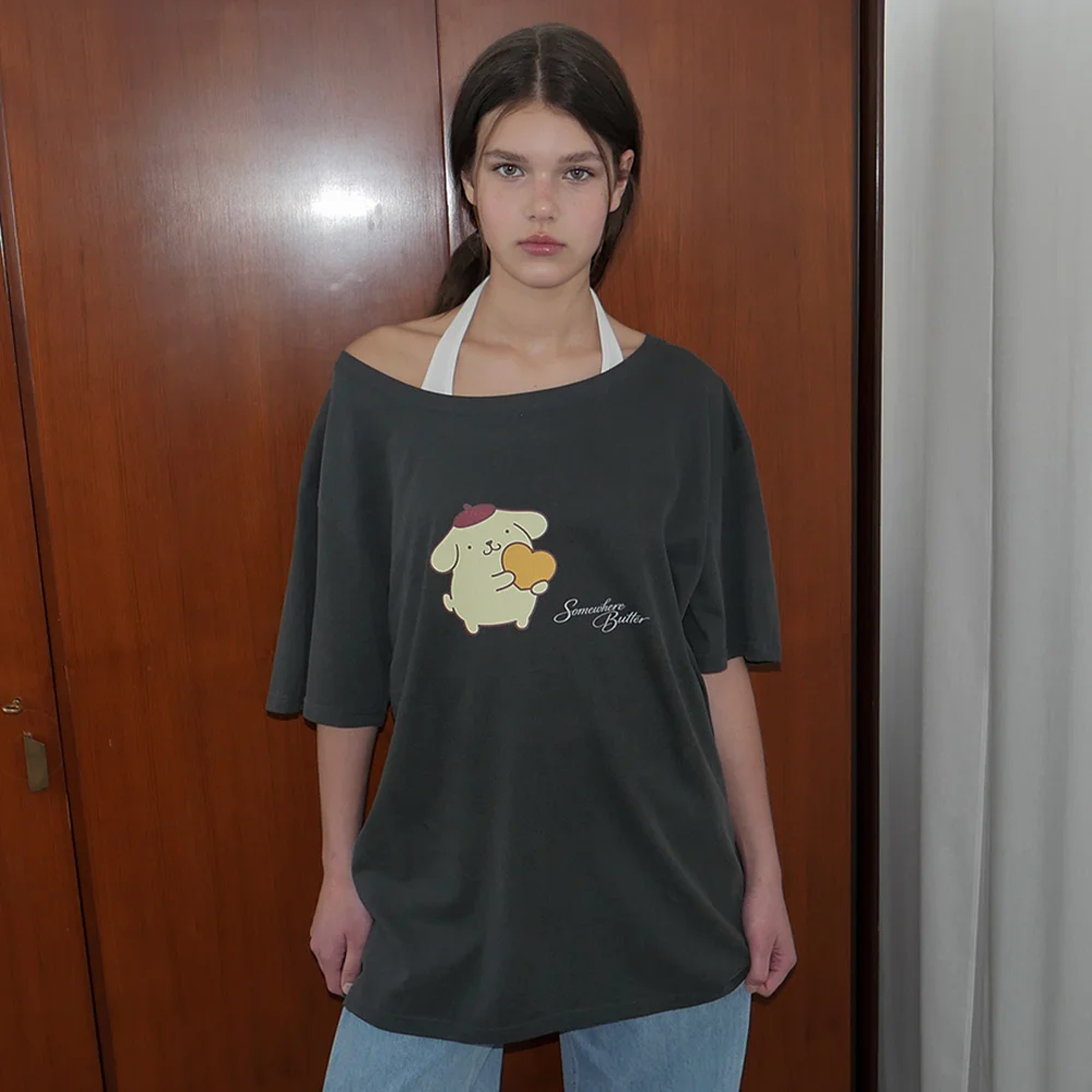 Heart Pompompurin Off Shoulder Top - Charcoal