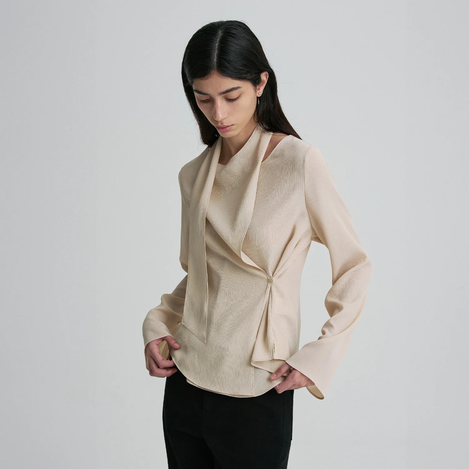 SCARF-NECK SIDE-BUTTON BLOUSE MILK TEA