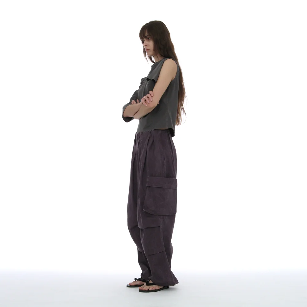 GATHERED WAIST CARGO PANTS_PLUM