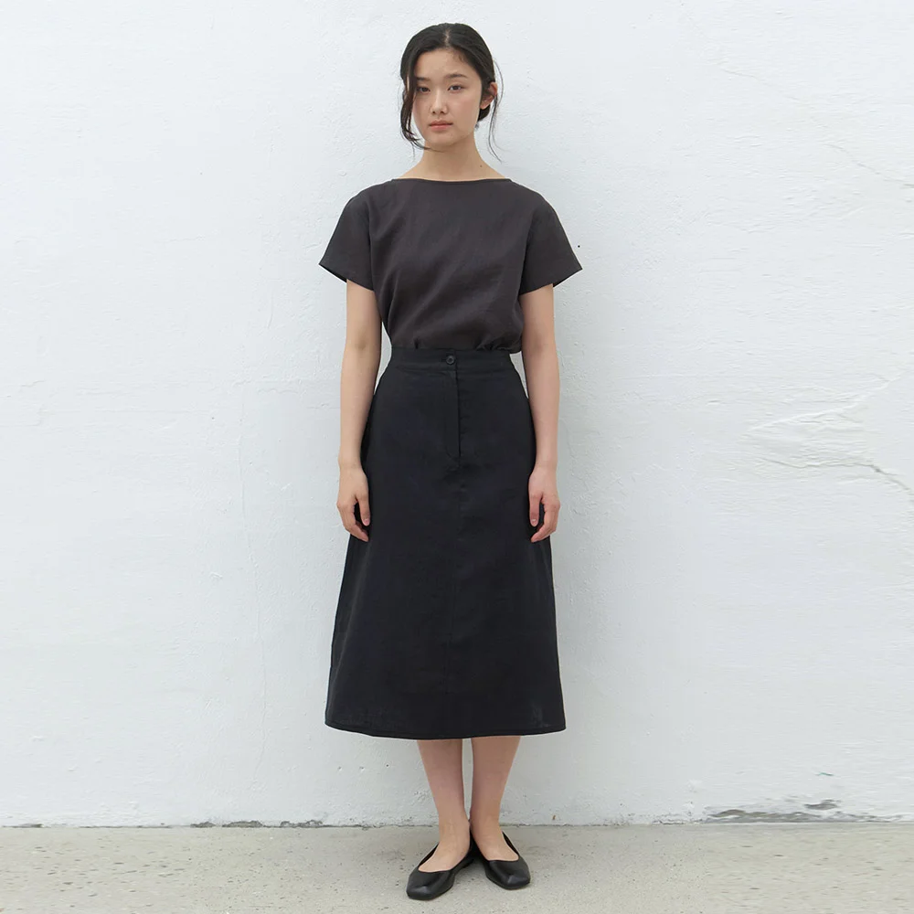linen A-line skirt -black