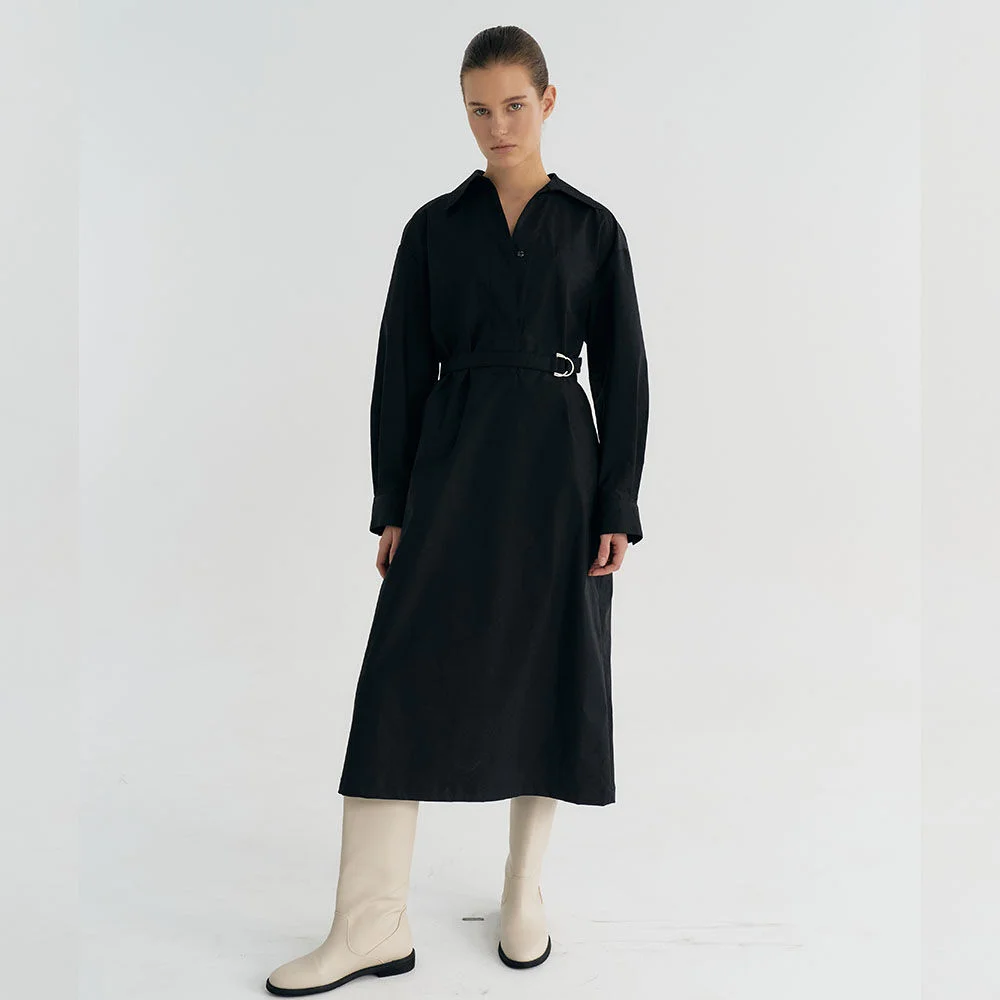 Cotton-blend Belted Shirt long Dress (Black)