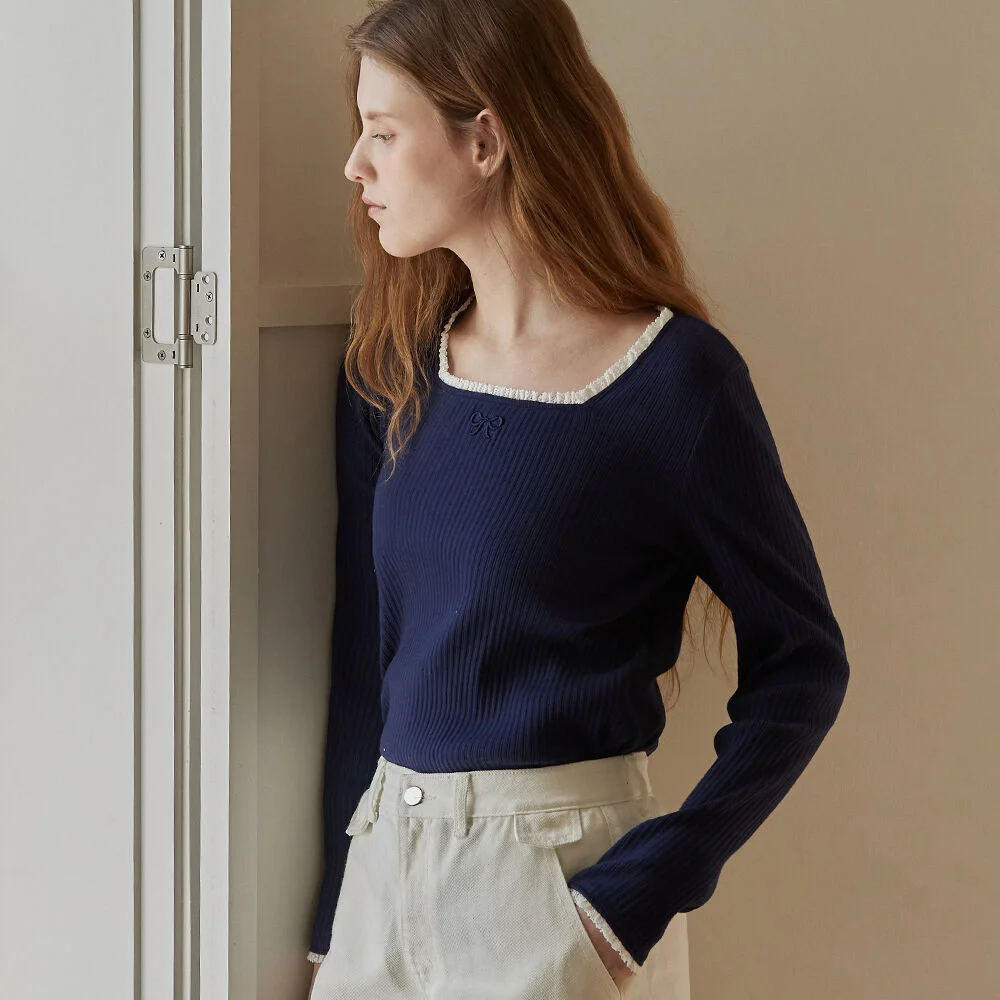 Ribbon point square neck top - Blue Navy