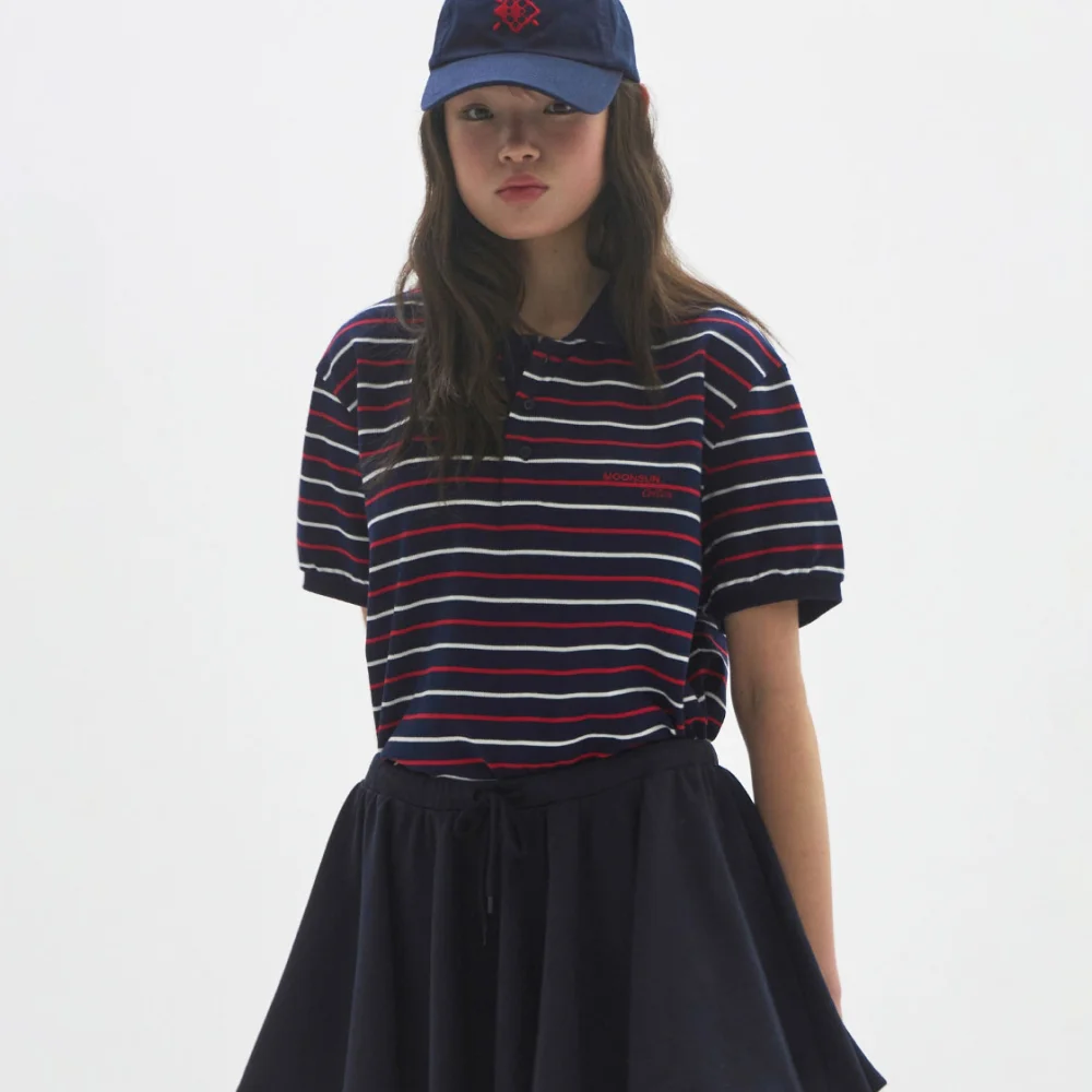 M.C UNISEX, Stripe PK Half Shirt / NAVY RED STRIPE
