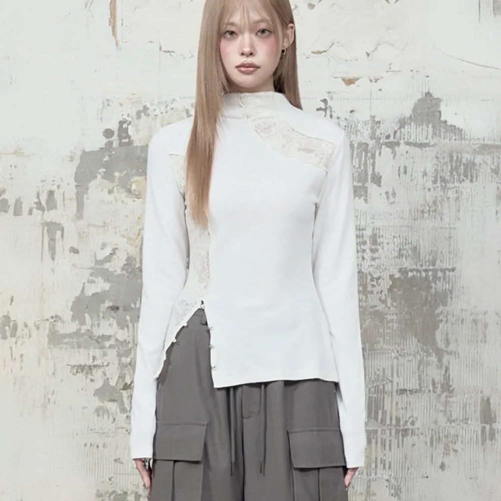 Lace Layer High Neck Slim Long Sleeve (White)
