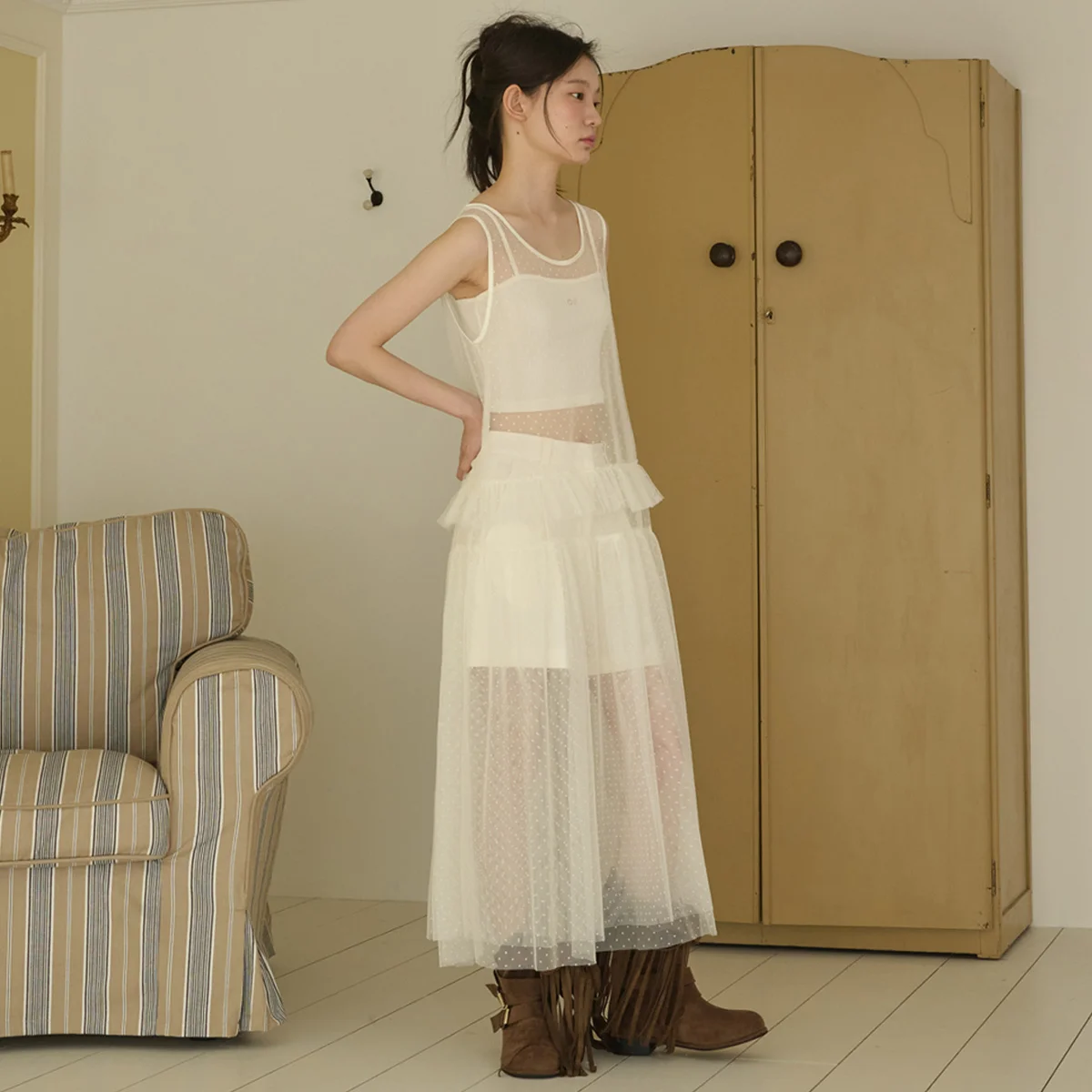 Dot See-through Long Layered Mash Dress_Ivory