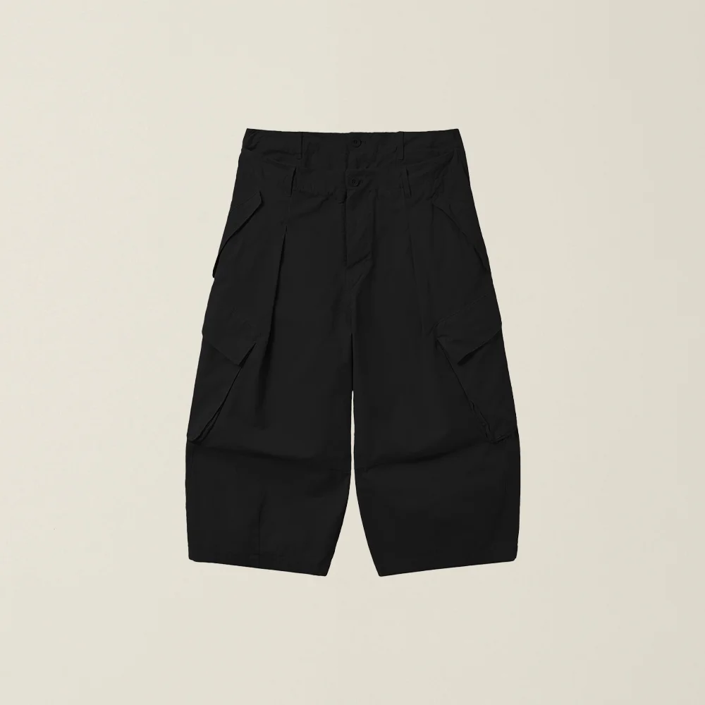 CROPPED DOUBLE WAIST CARGO PANTS BLACK