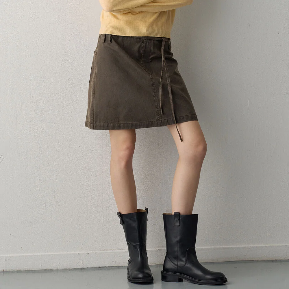蠟塗 純棉 迷你 半身裙_khaki brown