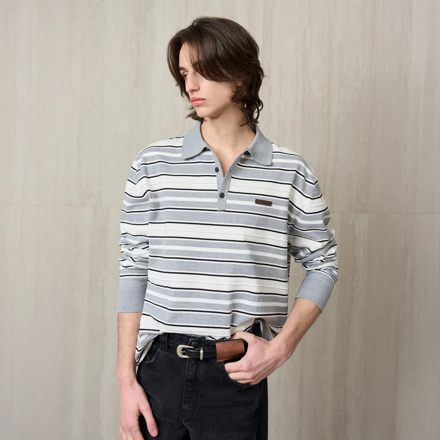 STRIPPED KNIT POLO GRAY