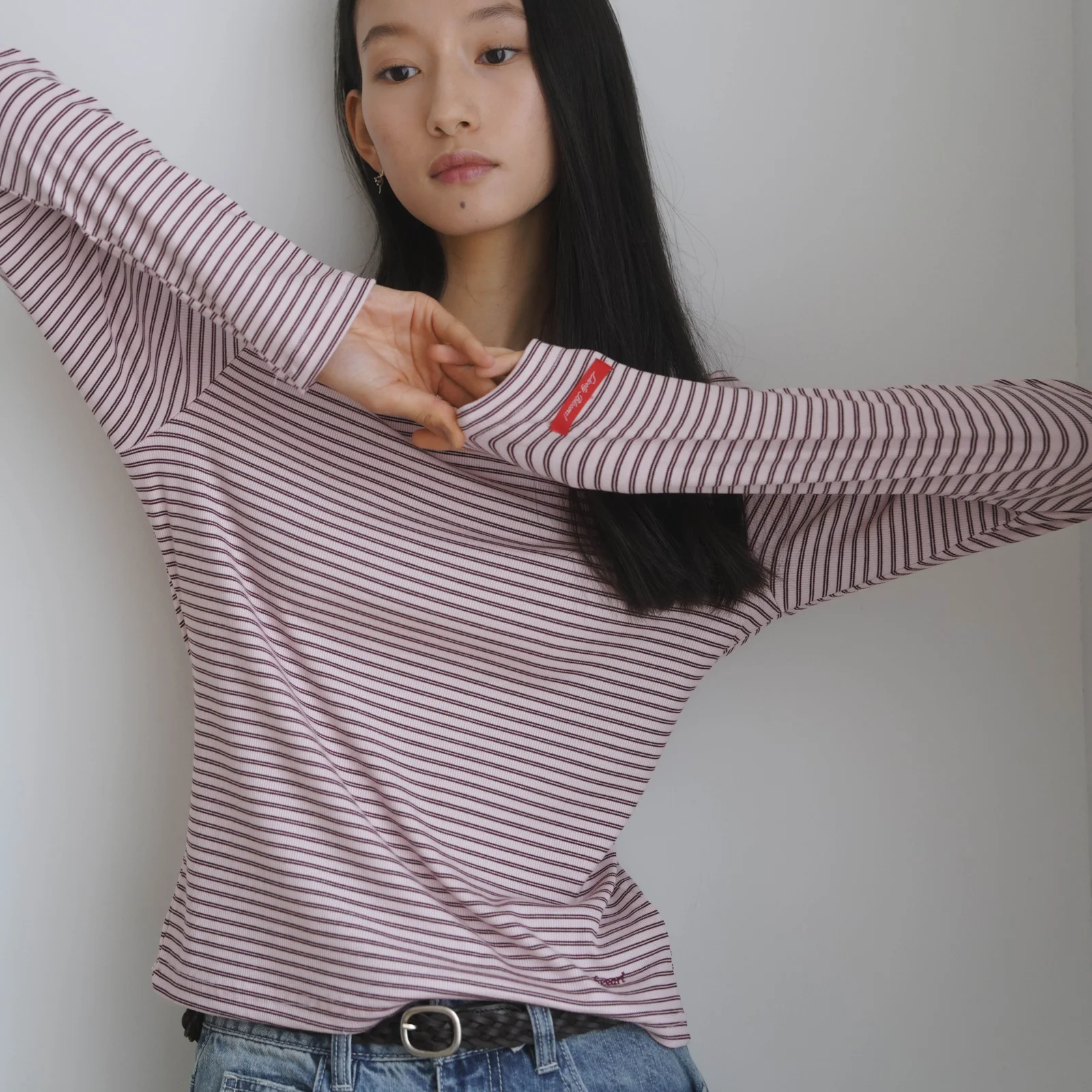 Jane 基本款 羅紋 長袖_粉紅條紋