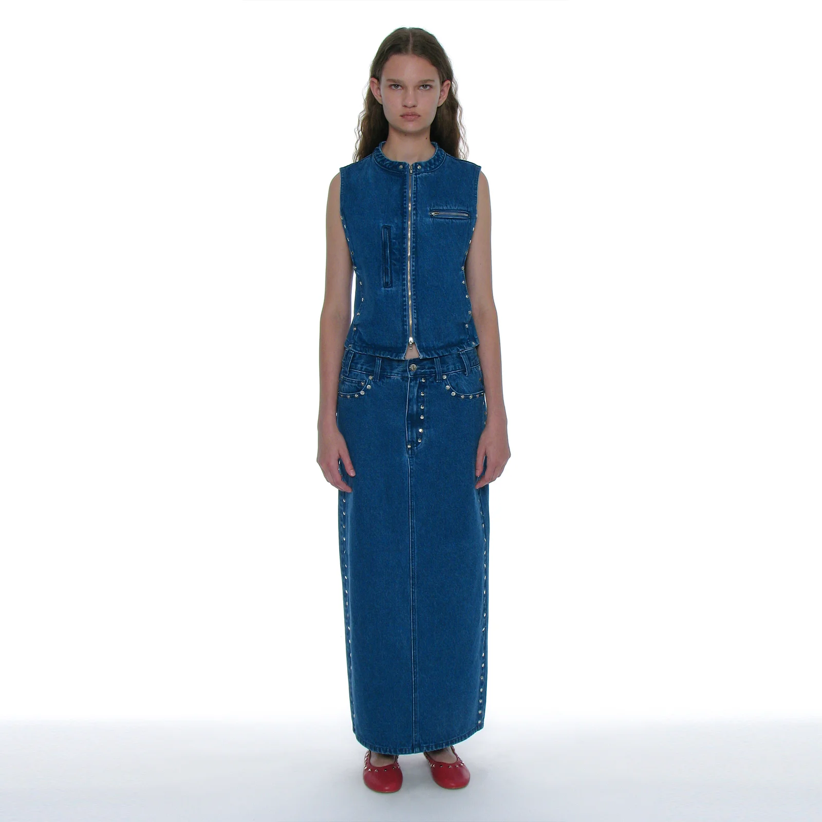 STUDED DENIM MAXI SKIRT_MID BLUE