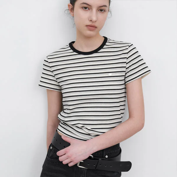 STRIPE SEMI CROP SLIM TEE (T-7163)