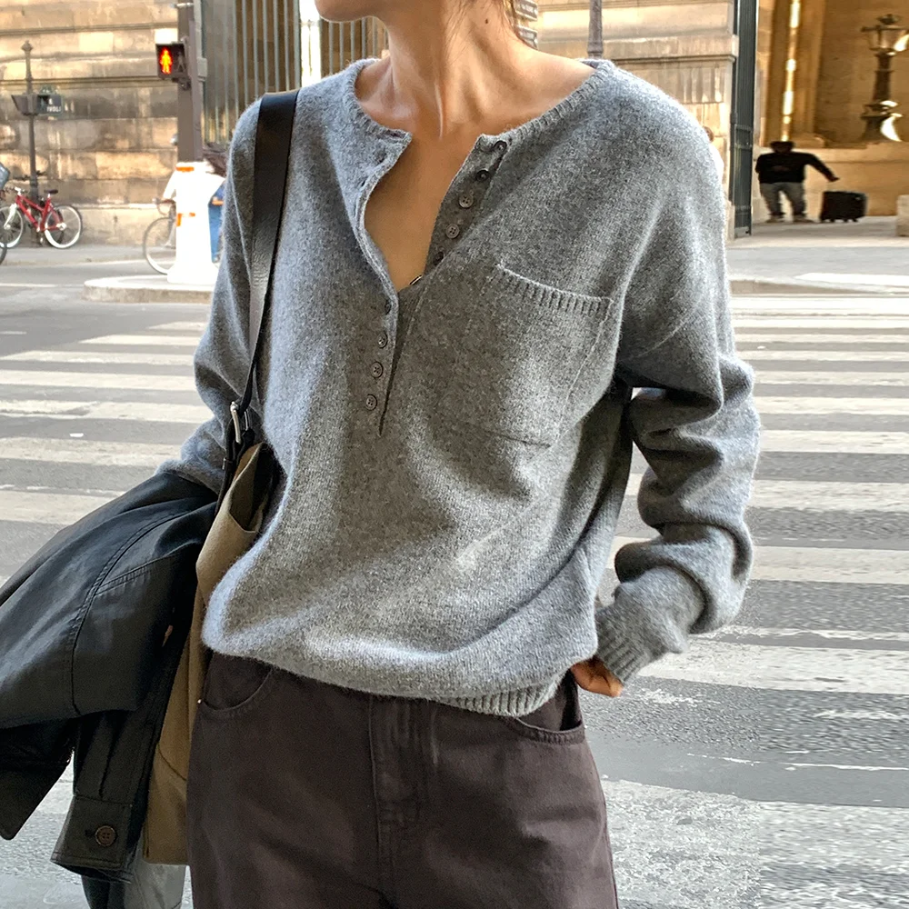 Ato henry neck button knit (gray)