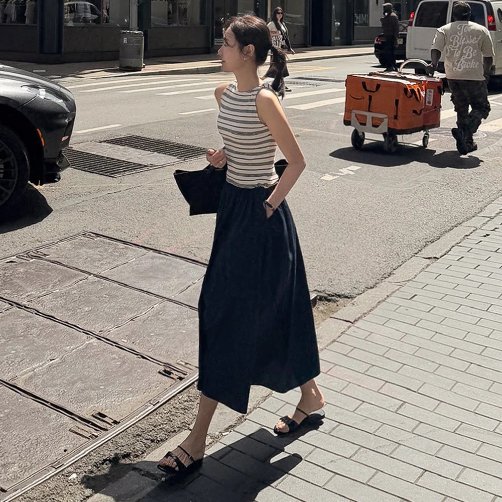 Tia Shirring Maxi Dress (Navy Stripe)