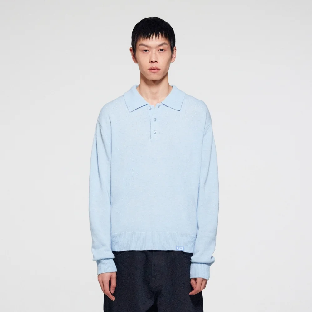 MEN WOOL BLEND POLO SWEATER - LIGHT BLUE