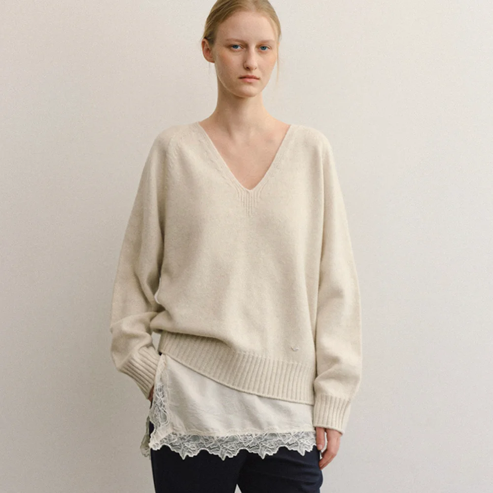 CASH MERINO WOOL V-NECK KNIT_OATMEAL