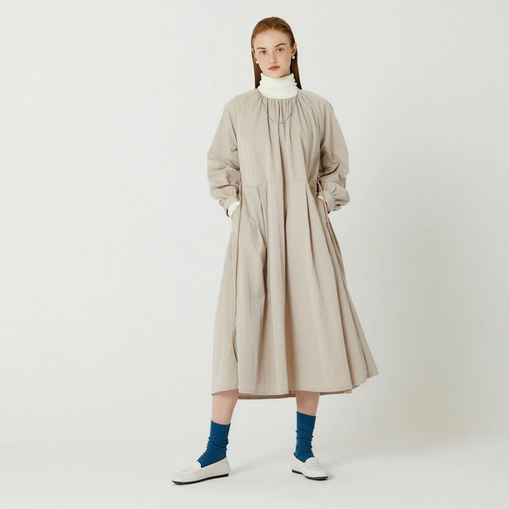 RAGLAN SLEEVE NECK SHIRRING POINT LONG DRESS(BEIGE)