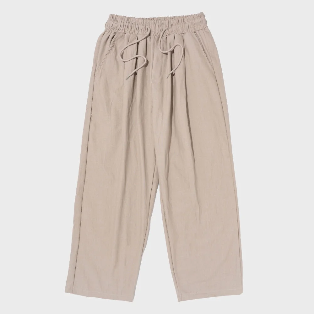 TWO-TUCK LINEN WIDE BANDING PANTS (BEIGE)