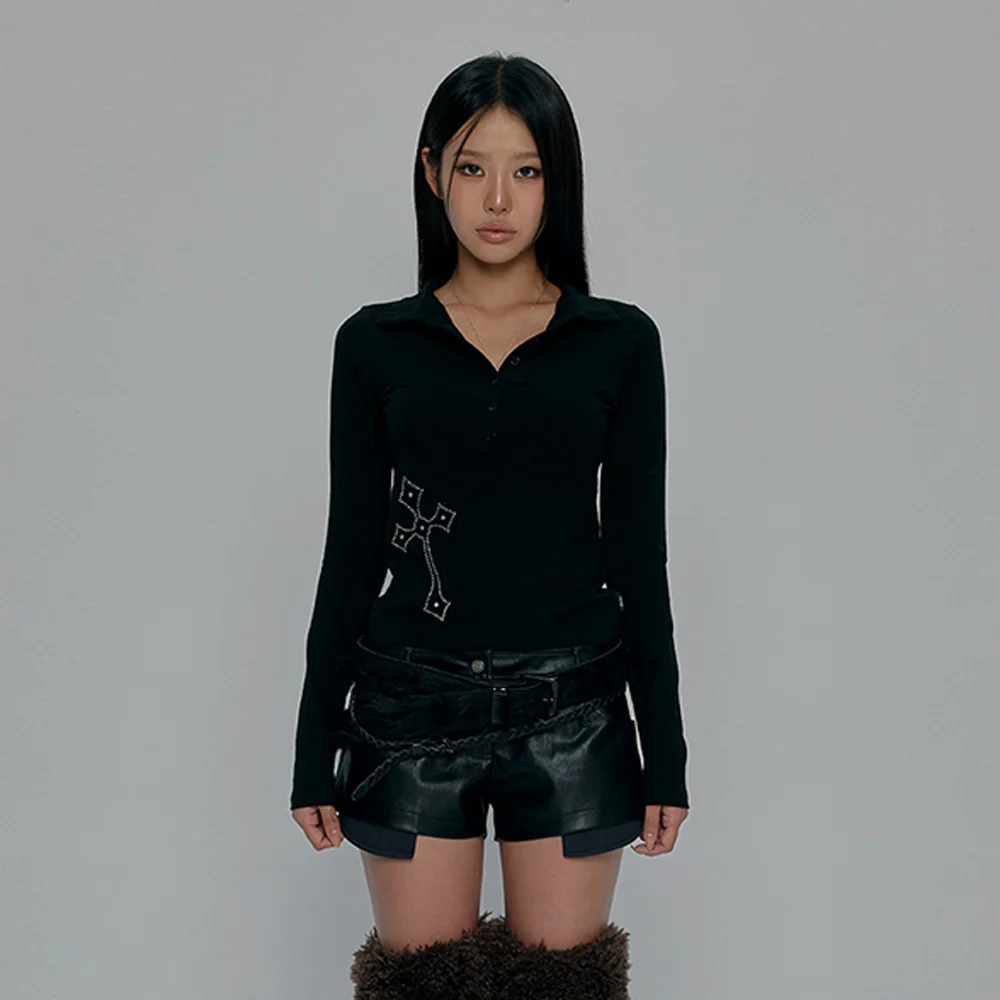 CROSS BUTTON COLLAR LONG SLEEVE_BLACK