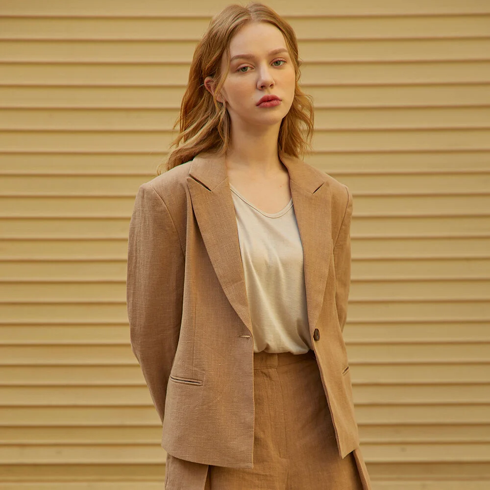 1Button Linen Short Jacket Dark Beige