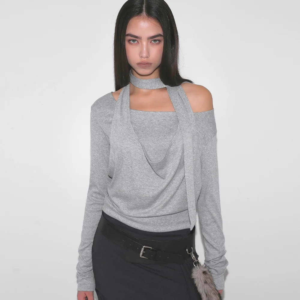 DRAPED HALTER LAYERED LONG SLEEVE T-SHIRT_MELANGE GREY