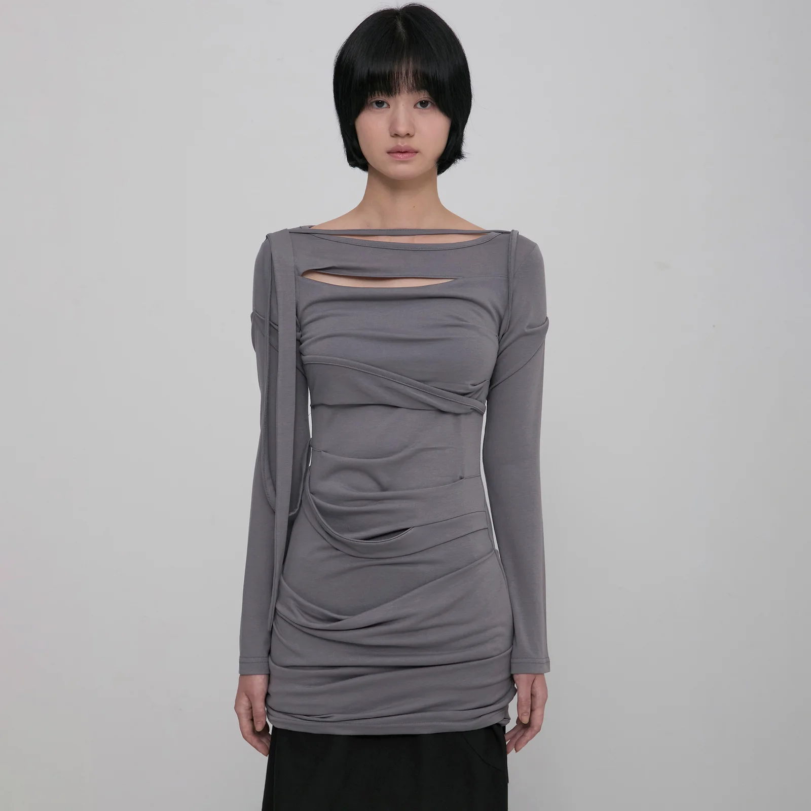 Asymmetrical Draped Long Dress (FL-196_Gray)