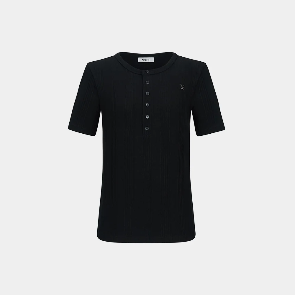 (W) COTTON RIBBED HENLEY NECK - BLACK