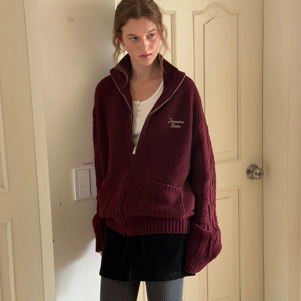 Pocket Wool Knit Zip-up - Grape