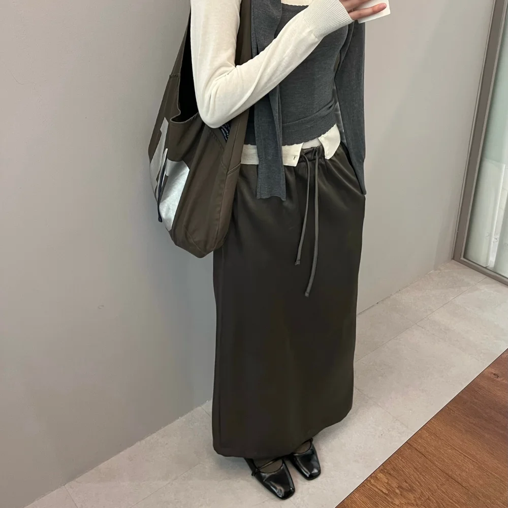 Satin Slim Line Long Skirt - Brown