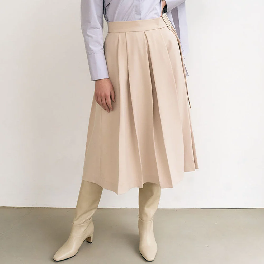 6A Asymmetric-tucked belt flare skirt (Light Beige)