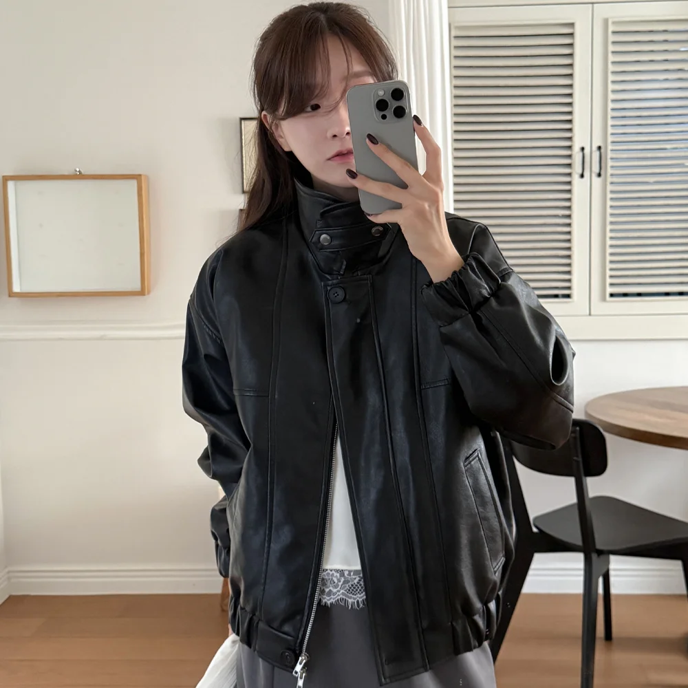 Faux High-Neck Leather Jacket_BLACK