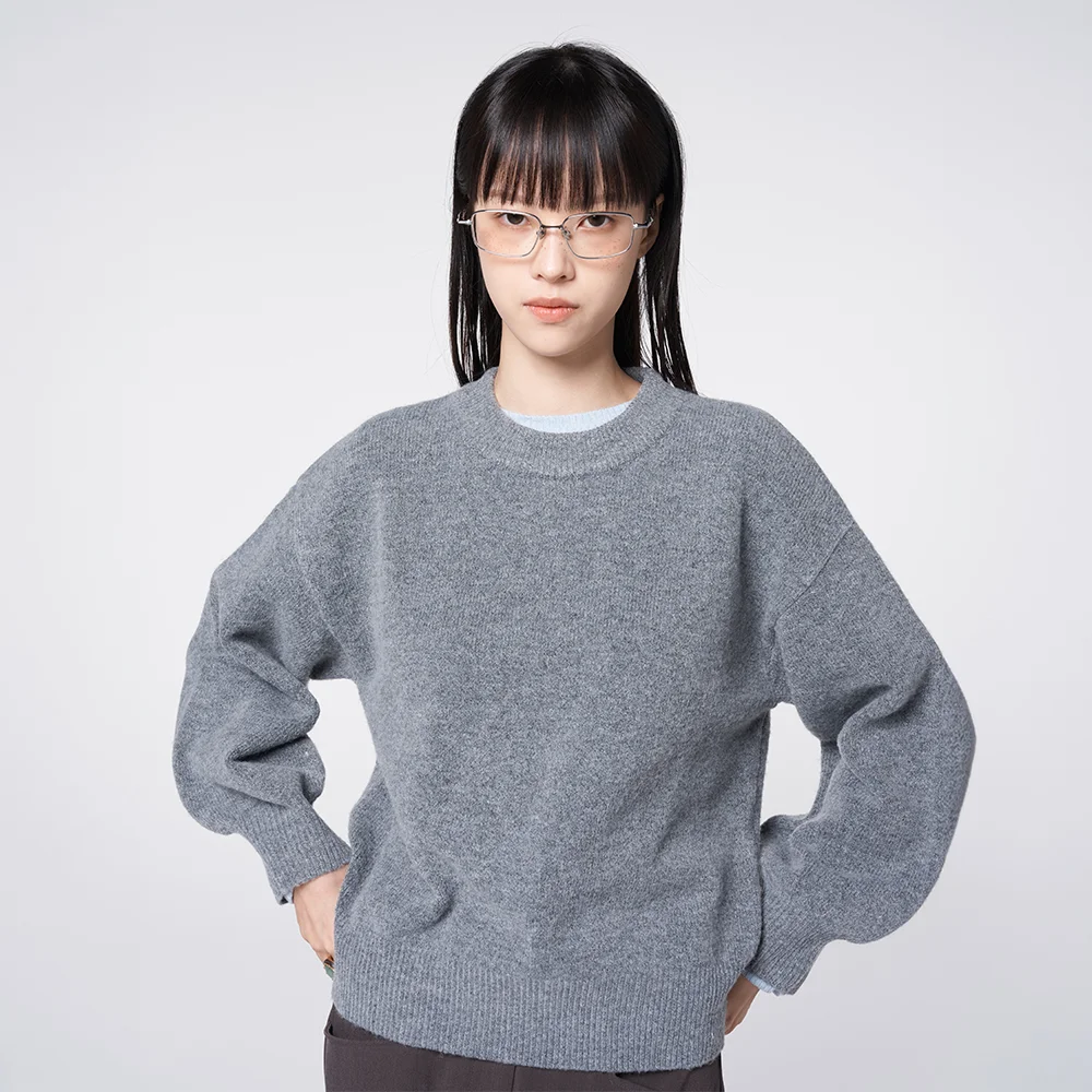 Wool Blend Brushed Crew Neck Knit Sweater Gray