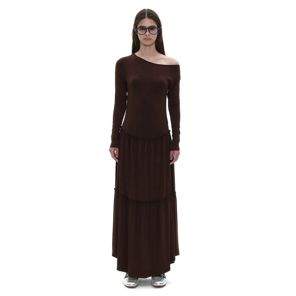 PWC UNBALANCED JERSEY SHIRRING TIERED DRESS_BROWN