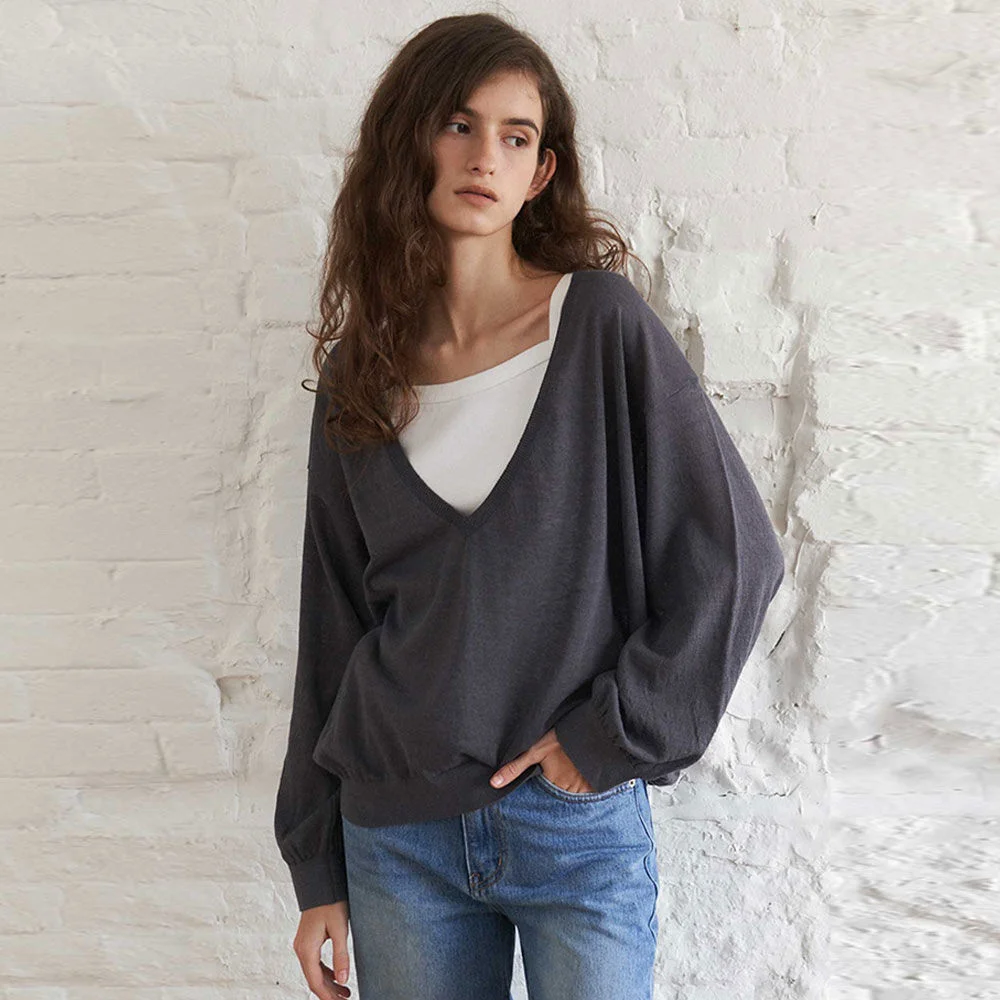 Deep V-Neck Sheer Knit(Charcoal)