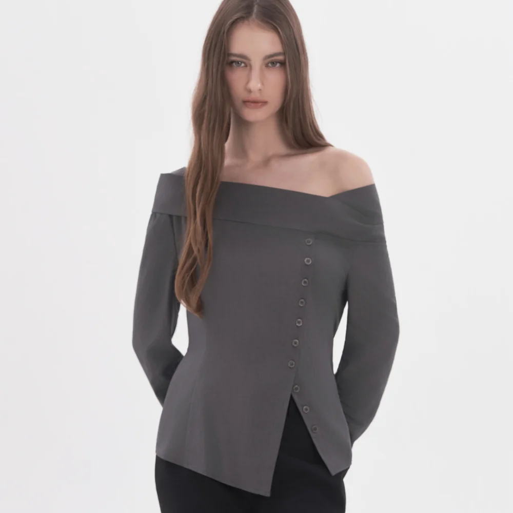 Asymmetric 2-Way Off-Shoulder Tie Blouse - Charcoal