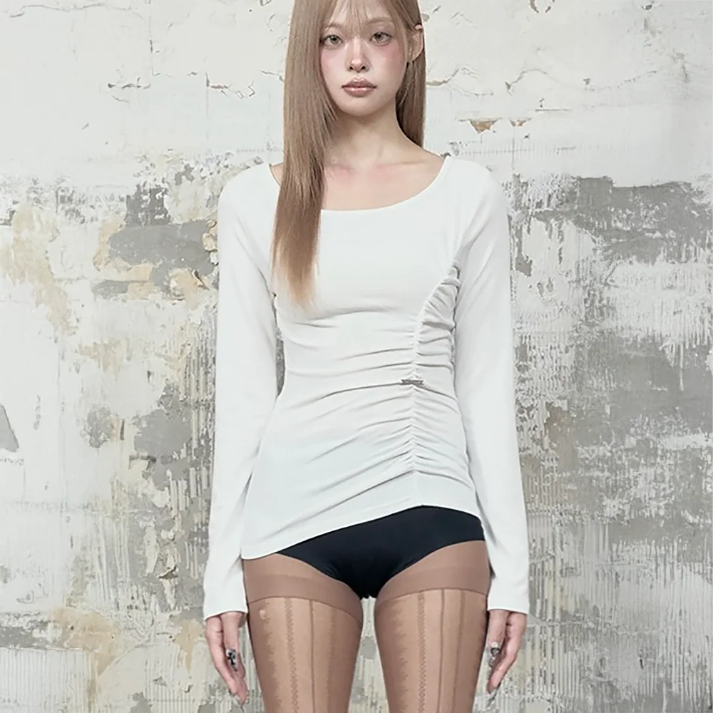 Drape Wing Shirring Long Sleeve (White)