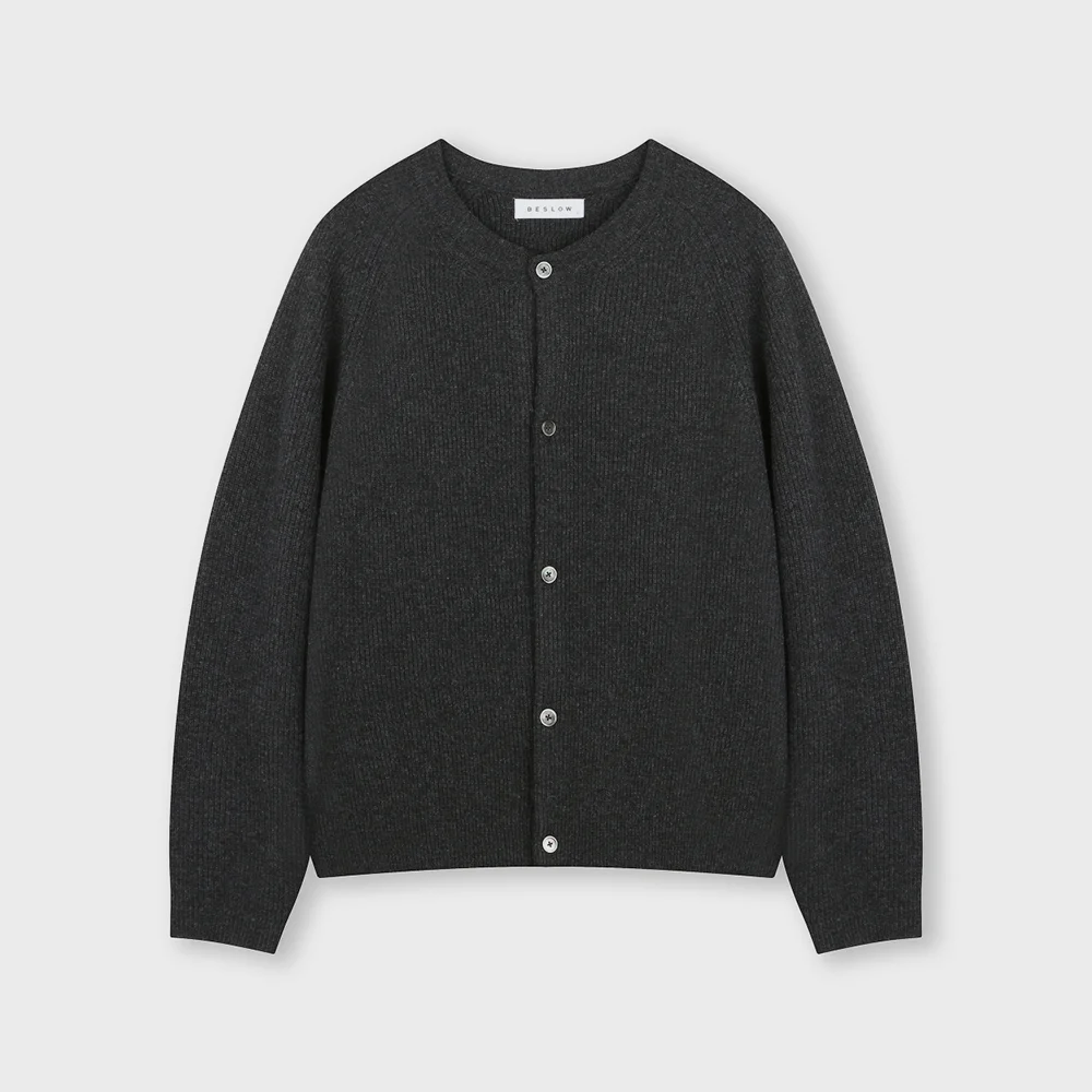 CASHMERE BLENDED CREW NECK CARDIGAN MELANGE CHARCOAL