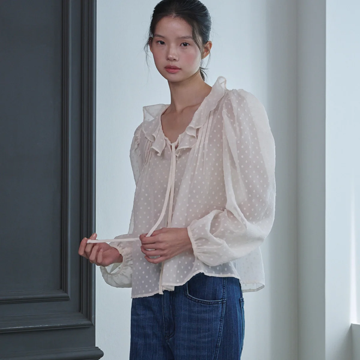 Ruffled See-through Dot Blouse_Ivory