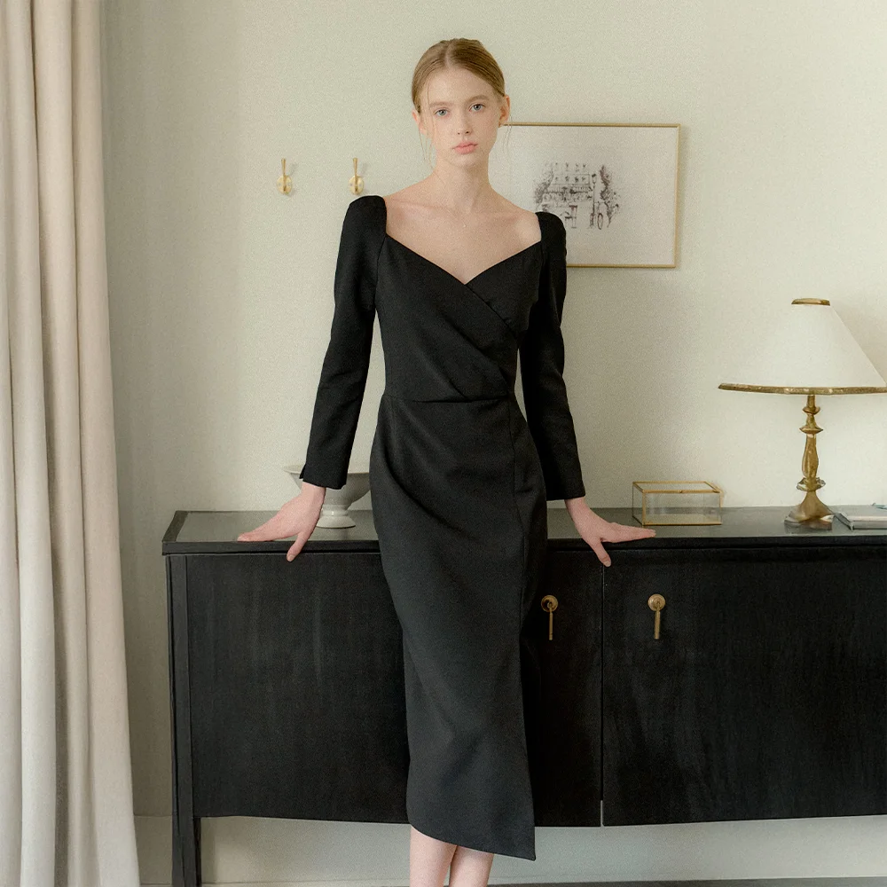 Wrap Slit Slim Dress / Black