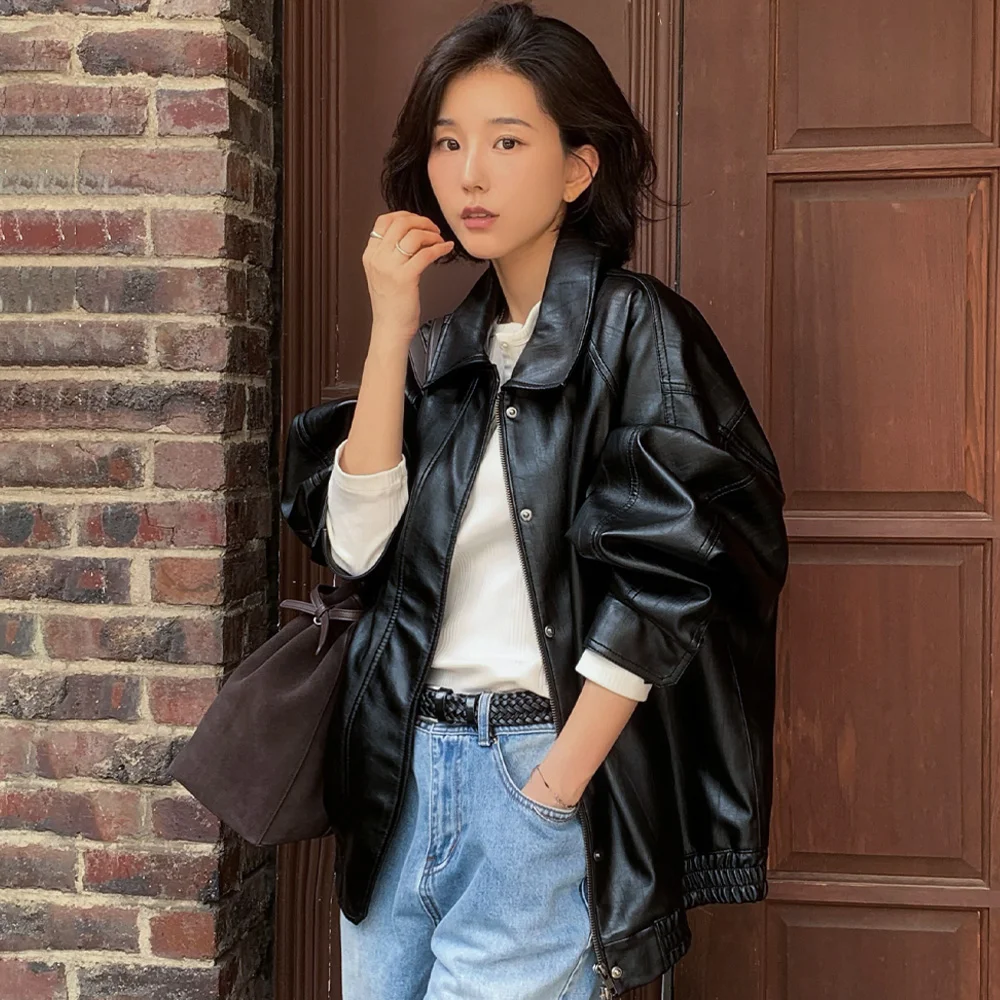 SIOT4141 都市 仿真 皮革 外套_Black