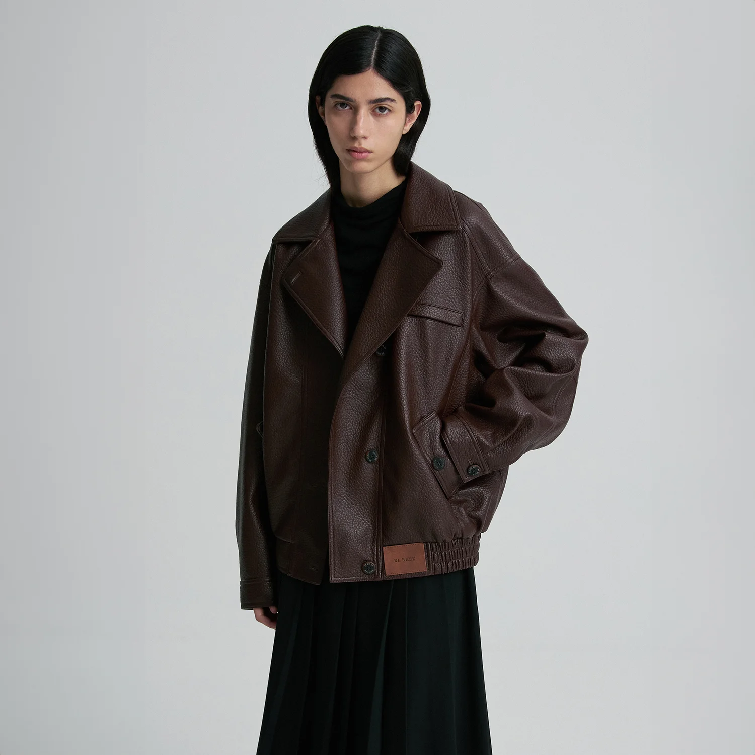OVERSIZED LEATHER BOMBER JACKET BURGUNDY