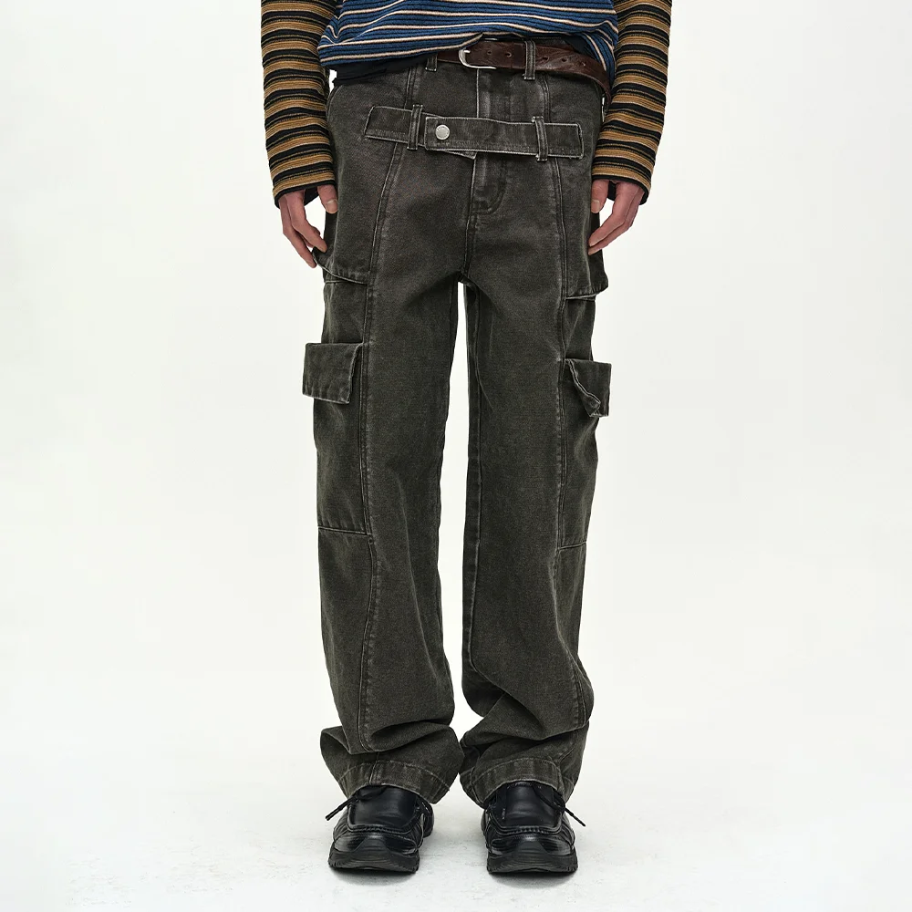 BELT LAYERED CARGO WIDE-LEG JEANS (KHAKI)