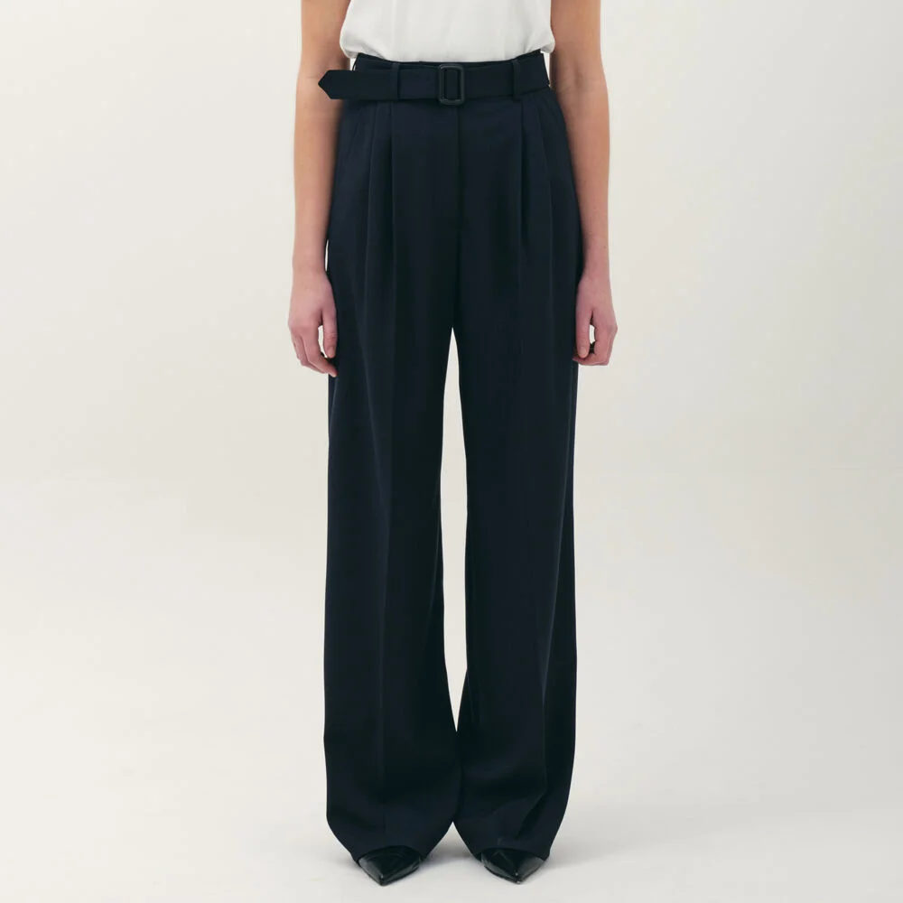 belted wide leg pants_navy